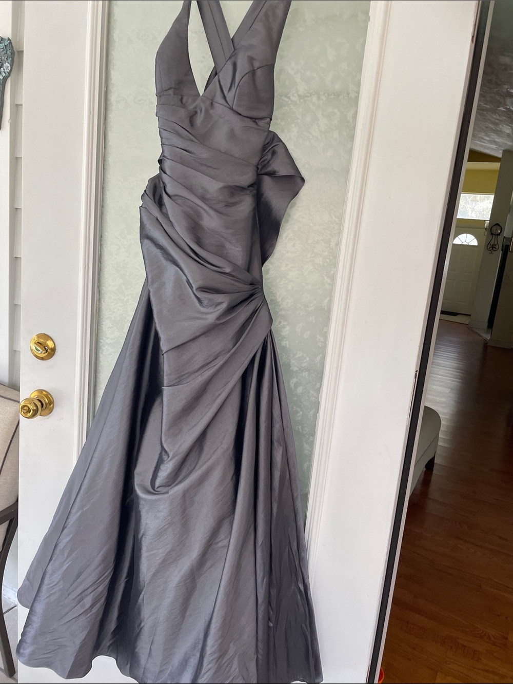 Maggie Sottero Silver-Grey Satin V-Neck Ruched Maxi Gown